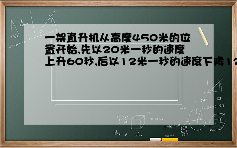 一架直升机从高度450米的位置开始,先以20米一秒的速度上升60秒,后以12米一秒的速度下降120秒,直升机多