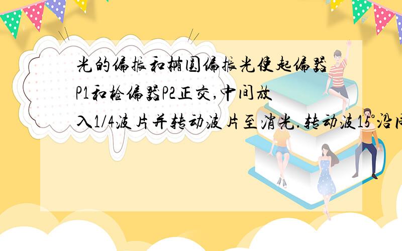 光的偏振和椭圆偏振光使起偏器P1和检偏器P2正交,中间放入1/4波片并转动波片至消光.转动波15°沿同方向转动3检偏器360°,几次?玻片转动到45°75°90°时结果又怎样?分别产生什么光?线偏振光,椭