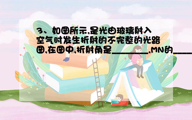 3、如图所示,是光由玻璃射入空气时发生折射的不完整的光路图,在图中,折射角是________,MN的________