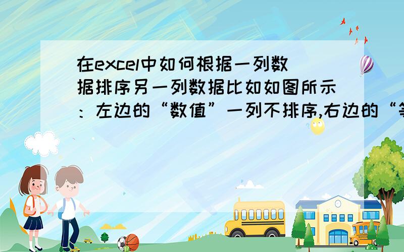 在excel中如何根据一列数据排序另一列数据比如如图所示：左边的“数值”一列不排序,右边的“等级”列取数字1~6,按左列数值从小到大的顺序对“数值”列的数值进行排序我附的图是已经整