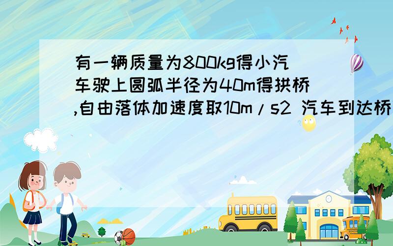 有一辆质量为800kg得小汽车驶上圆弧半径为40m得拱桥,自由落体加速度取10m/s2 汽车到达桥顶时速度为5m/s,有一辆质量为800kg得小汽车驶上圆弧半径为40m得拱桥,自由落体加速度取10m/s2 汽车到达桥