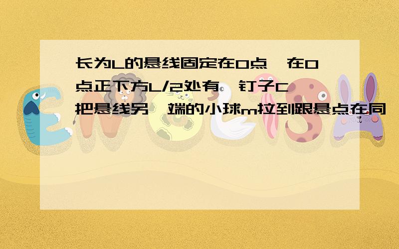 长为L的悬线固定在O点,在O点正下方L/2处有一钉子C,把悬线另一端的小球m拉到跟悬点在同一水平面上无初速释放,小球到悬点正下方时悬线碰到钉子,则小球的( BCD )A线速度突然增大B角速度突然