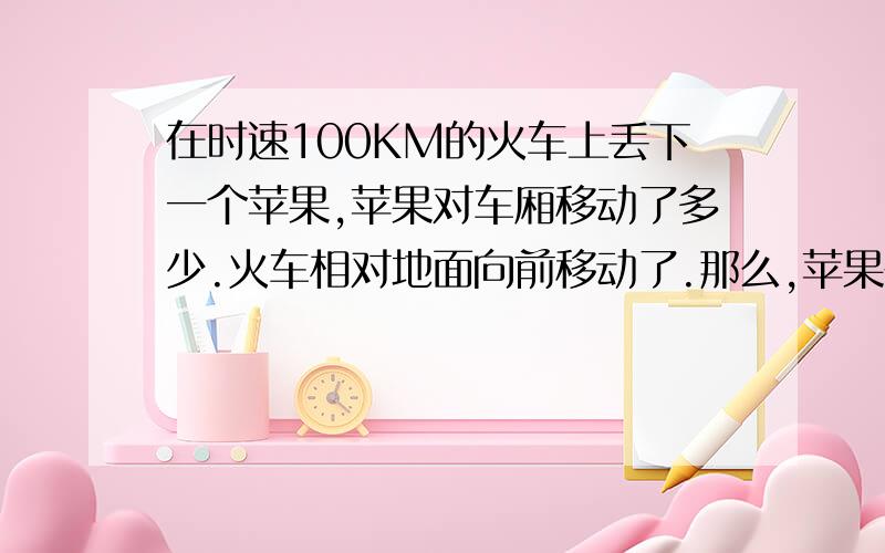 在时速100KM的火车上丢下一个苹果,苹果对车厢移动了多少.火车相对地面向前移动了.那么,苹果在脱离手之后,着地前相对火车是移动的吗?理由?落地后相对人移动了吗?理由?是直接把苹果往下