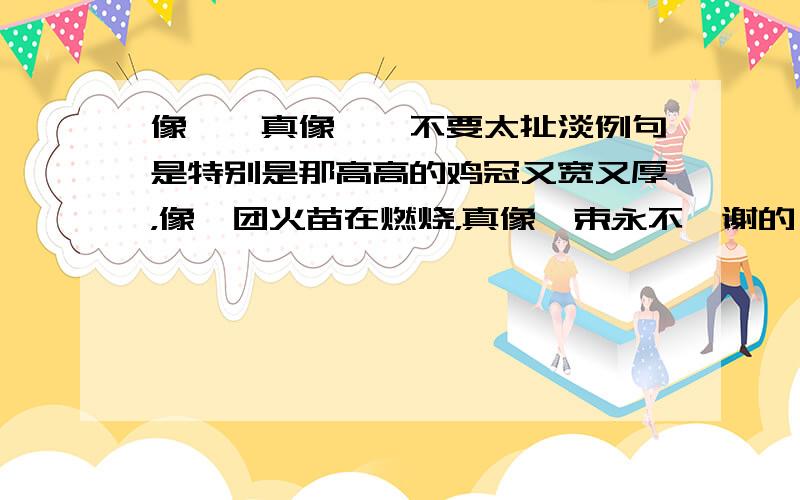 像……真像……不要太扯淡例句是特别是那高高的鸡冠又宽又厚，像一团火苗在燃烧，真像一束永不凋谢的