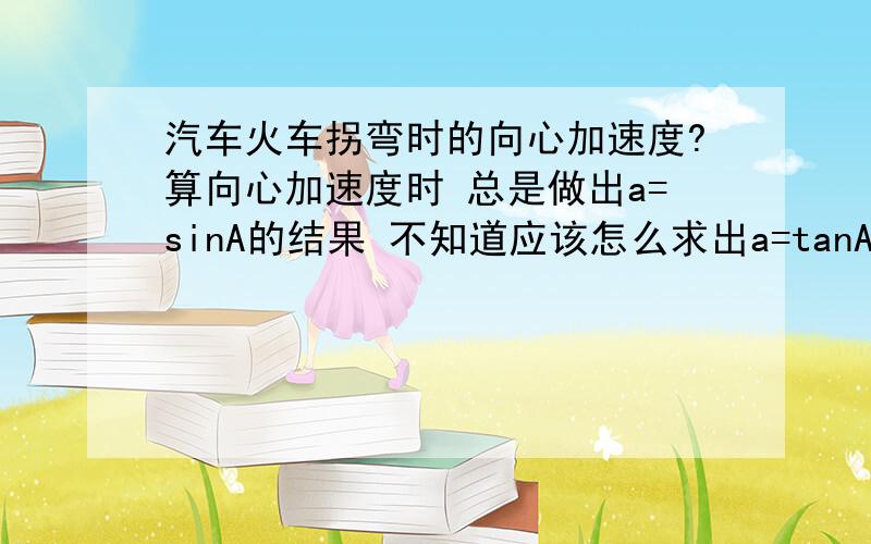 汽车火车拐弯时的向心加速度?算向心加速度时 总是做出a=sinA的结果 不知道应该怎么求出a=tanA这个结果还有轨道对车的支持力不是等于重力的分力么 为什么还向心力是由重力和支持力的合力