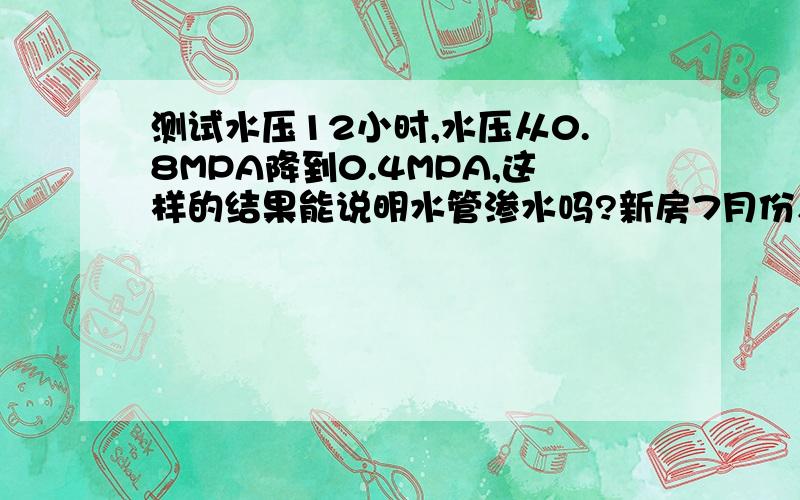 测试水压12小时,水压从0.8MPA降到0.4MPA,这样的结果能说明水管渗水吗?新房7月份入住,9月份发现楼梯墙面渗水(开关箱对出的地方),把卫生间地砖敲掉发现水是从客厅或厨房渗过来的,测试水压12