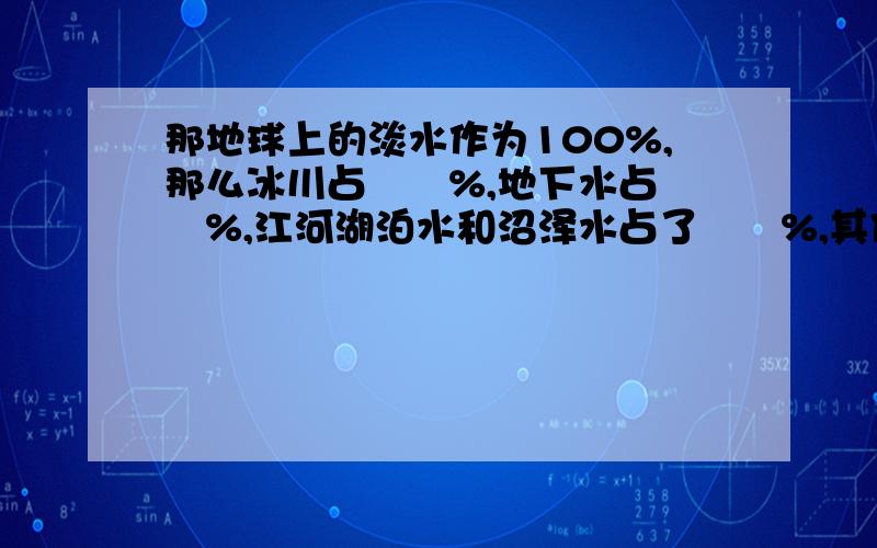 那地球上的淡水作为100%,那么冰川占▁▁%,地下水占▁▁%,江河湖泊水和沼泽水占了▁▁%,其他淡水占了▁▁%.