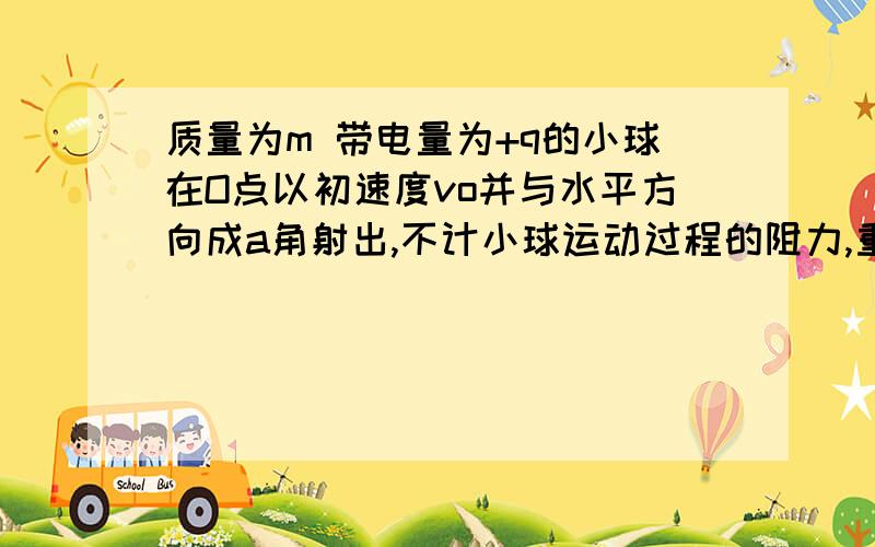 质量为m 带电量为+q的小球在O点以初速度vo并与水平方向成a角射出,不计小球运动过程的阻力,重力加速度为g问：求若加上大小一定,方向向左的匀强电场,能保证小球沿vo方向做直线运动,经过多