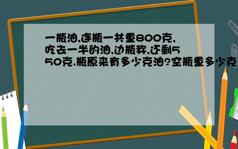 一瓶油,连瓶一共重800克,吃去一半的油,边瓶称,还剩550克.瓶原来有多少克油?空瓶重多少克?