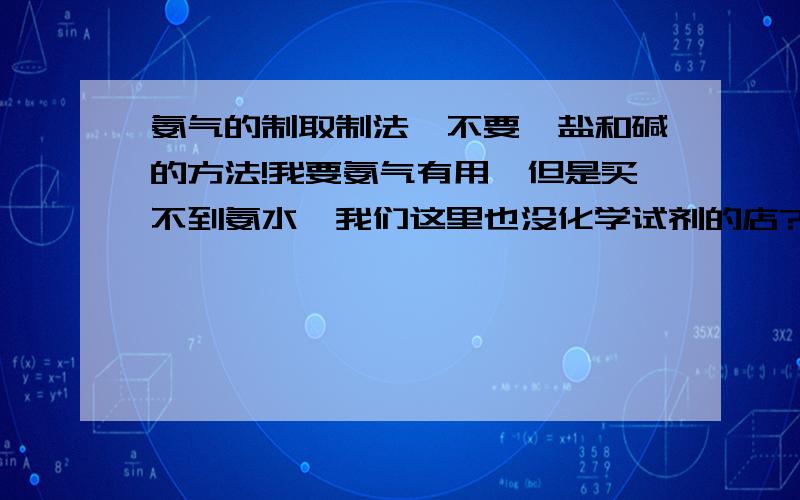 氨气的制取制法,不要铵盐和碱的方法!我要氨气有用,但是买不到氨水,我们这里也没化学试剂的店?求简单能买到的东西,氨水没有卖的,尿素加热能产生氨气,但混合氰酸,不好提纯?氨水买不到,