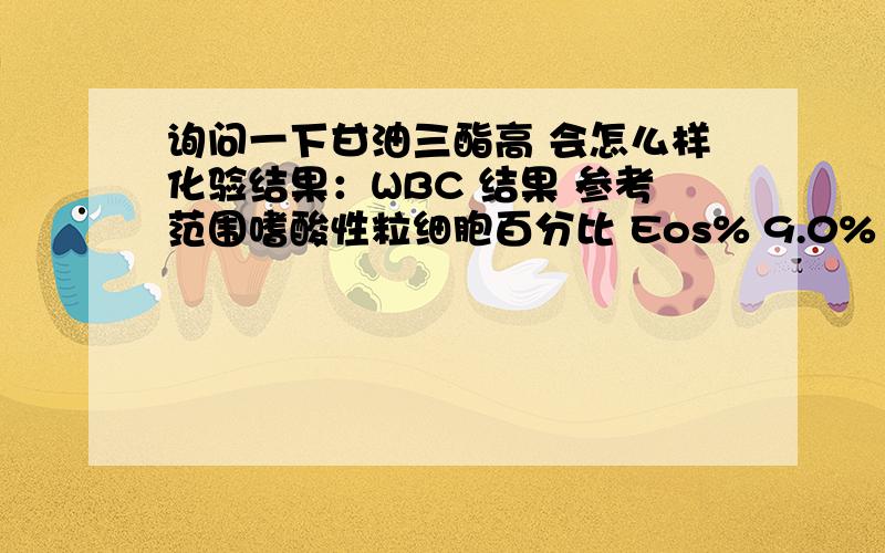 询问一下甘油三酯高 会怎么样化验结果：WBC 结果 参考范围嗜酸性粒细胞百分比 Eos% 9.0% 0.5-5.0嗜酸性粒细胞数目 Eos% 0.79 0.02-0.50红细胞数目 RBC 5.66 4.00-5.50血红蛋白浓度 HGB 166 120-160谷丙转氨酶