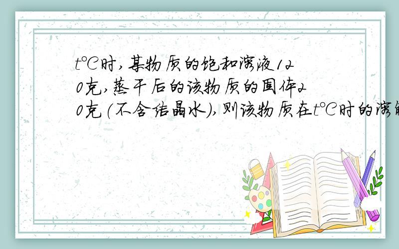 t℃时,某物质的饱和溶液120克,蒸干后的该物质的固体20克(不含结晶水),则该物质在t℃时的溶解度?t℃时,某物质的饱和溶液120克,蒸干后的该物质的固体20克(不含结晶水),则该物质在t℃时的溶解