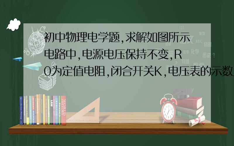 初中物理电学题,求解如图所示电路中,电源电压保持不变,R0为定值电阻,闭合开关K,电压表的示数为U0,移动滑动变阻器R的滑片P,使得滑动变阻器的电阻值减小到原来的1/3时,电压表的示数由U0增