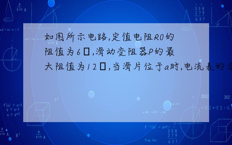 如图所示电路,定值电阻R0的阻值为6Ω,滑动变阻器P的最大阻值为12Ω,当滑片位于a时,电流表的示数为1.5A,则电源电压多大?当滑片位于b时,电流表的读数是多少?