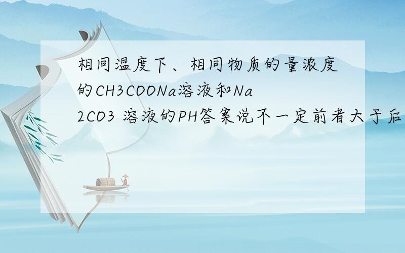 相同温度下、相同物质的量浓度的CH3COONa溶液和Na2CO3 溶液的PH答案说不一定前者大于后者,但CH3COO-的酸性大雨CO32-,前者结合强的能力强了,PH自然会大阿