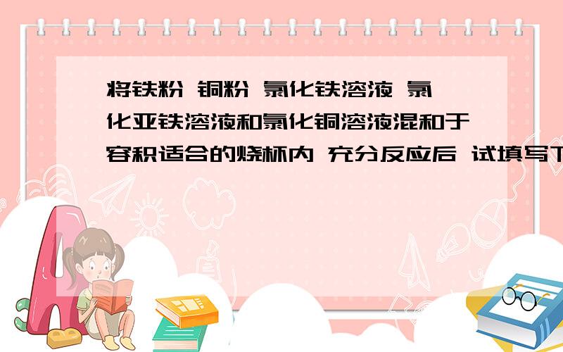 将铁粉 铜粉 氯化铁溶液 氯化亚铁溶液和氯化铜溶液混和于容积适合的烧杯内 充分反应后 试填写下列空白1 若铁粉有剩余 则溶液中不可能有的离子是 （从Fe(3+)、Cu(2+)Fe(2+)中选）2 若溶液中