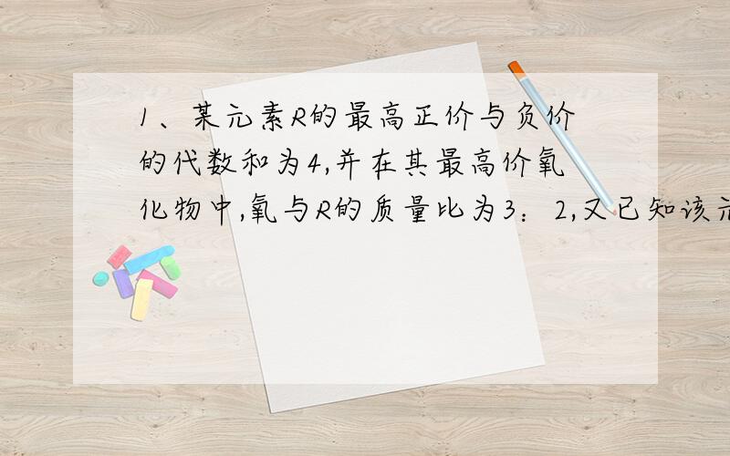 1、某元素R的最高正价与负价的代数和为4,并在其最高价氧化物中,氧与R的质量比为3：2,又已知该元素的原子核内质子数和种子数相等,则元素R在周期表中位置是：DA、第二周期 IV A族 B、第三