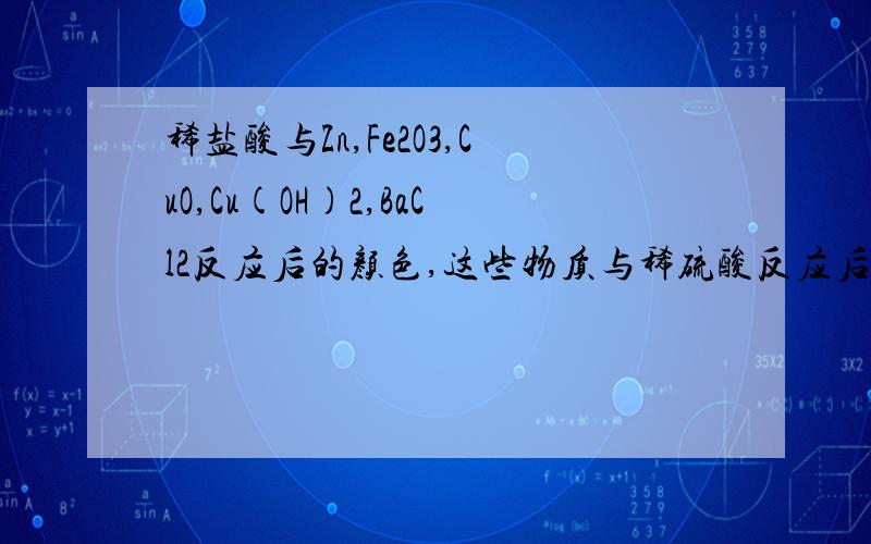 稀盐酸与Zn,Fe2O3,CuO,Cu(OH)2,BaCl2反应后的颜色,这些物质与稀硫酸反应后的颜色,和稀硝酸呢