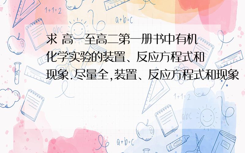 求 高一至高二第一册书中有机化学实验的装置、反应方程式和现象.尽量全,装置、反应方程式和现象