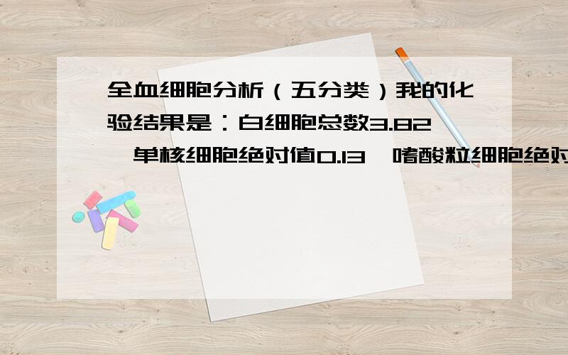 全血细胞分析（五分类）我的化验结果是：白细胞总数3.82,单核细胞绝对值0.13,嗜酸粒细胞绝对值0.03,红细胞压积39.8,各项都比标准值低,是什么原因?请教懂医学的人