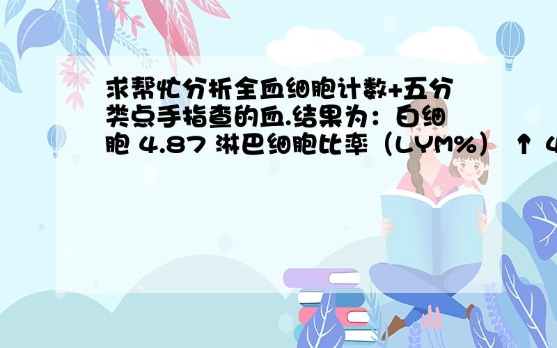 求帮忙分析全血细胞计数+五分类点手指查的血.结果为：白细胞 4.87 淋巴细胞比率（LYM%） ↑ 45.30 % 单核细胞比率（MONO&）↓ 2.40% 中性细胞比率 50% 单核细胞（MONO#） ↓ 0.11 平均血红蛋白量（M