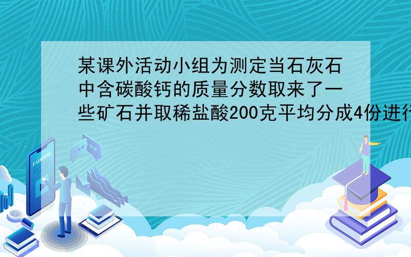 某课外活动小组为测定当石灰石中含碳酸钙的质量分数取来了一些矿石并取稀盐酸200克平均分成4份进行试验表格就是图片里的,问题是1．哪几项反应中盐酸有剩余－－－2．m＝－－－3．试计