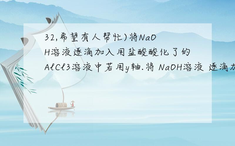 32,希望有人帮忙)将NaOH溶液逐滴加入用盐酸酸化了的AlCl3溶液中若用y轴.将 NaOH溶液 逐滴加入用 盐酸 酸化了的 AlCl3溶液 中,若用 y轴 表示Al(OH)3 沉淀量,x 轴表示 NaOH溶液 的体积,下列图象正确的