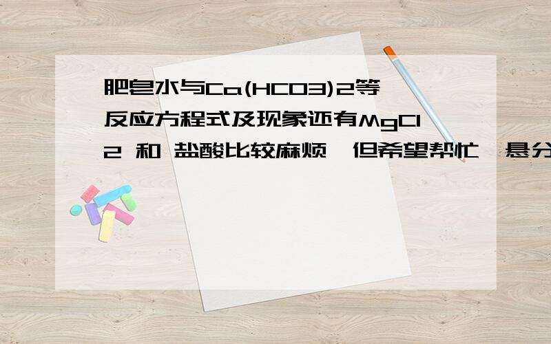 肥皂水与Ca(HCO3)2等反应方程式及现象还有MgCl2 和 盐酸比较麻烦,但希望帮忙,悬分不多,不好意思~谢谢!还有的是肥皂水与MgCl2，盐酸的反应 同学们，有知道现象的吗？肥皂水是高级脂肪酸钠，