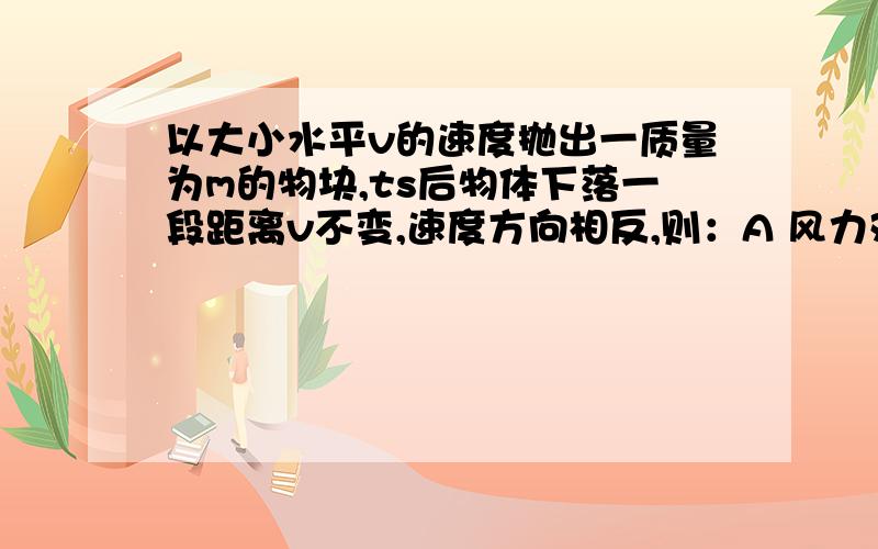 以大小水平v的速度抛出一质量为m的物块,ts后物体下落一段距离v不变,速度方向相反,则：A 风力对物体做功为零B 风力对物体做负功C 物体机械能减少0.5mggttD 风力对物体的冲量大小2mv