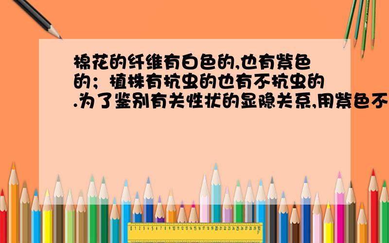 棉花的纤维有白色的,也有紫色的；植株有抗虫的也有不抗虫的.为了鉴别有关性状的显隐关系,用紫色不抗虫植株分别与白色抗虫植株a、b进行杂交,结果如下表.（假定控制两对性状的基因独立