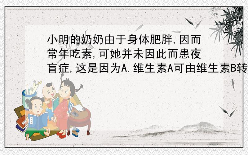 小明的奶奶由于身体肥胖,因而常年吃素,可她并未因此而患夜盲症,这是因为A.维生素A可由维生素B转化而来 B.新鲜水果中含有维生素AC.植物性食物中含有的胡萝卜素可以在人体内转化为维生素