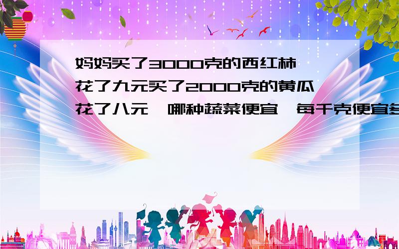 妈妈买了3000克的西红柿,花了九元买了2000克的黄瓜花了八元,哪种蔬菜便宜,每千克便宜多少元