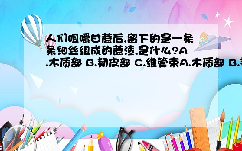 人们咀嚼甘蔗后,留下的是一条条细丝组成的蔗渣,是什么?A.木质部 B.韧皮部 C.维管束A.木质部 B.韧皮部 C.维管束HELP!