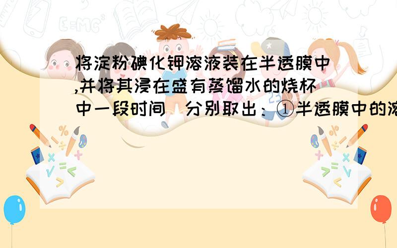 将淀粉碘化钾溶液装在半透膜中,并将其浸在盛有蒸馏水的烧杯中一段时间．分别取出：①半透膜中的溶液、②烧杯中的溶液,当向两种溶液中加入碘水时,可观察到溶液变蓝色的是A．只有① B