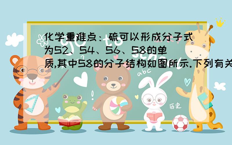 化学重难点：硫可以形成分子式为S2、S4、S6、S8的单质,其中S8的分子结构如图所示.下列有关说法正确的是A．S2、S4、S6、S8互为同位素B．S2的摩尔质量为32 g/molC．硫的单质在足量的空气中完全