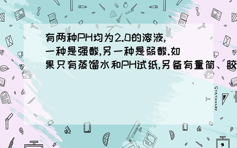 有两种PH均为2.0的溶液,一种是强酸,另一种是弱酸.如果只有蒸馏水和PH试纸,另备有量筒、胶头滴管、烧杯等仪器,简述实验操作,鉴别两种溶液.