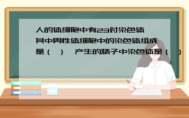 人的体细胞中有23对染色体,其中男性体细胞中的染色体组成是（ ）,产生的精子中染色体是（ ）,其组成为 （ ) 或 ( ) 女性体细胞染色体组成是（ ） ,产生的卵细胞中染色体是（ ） 其组成为