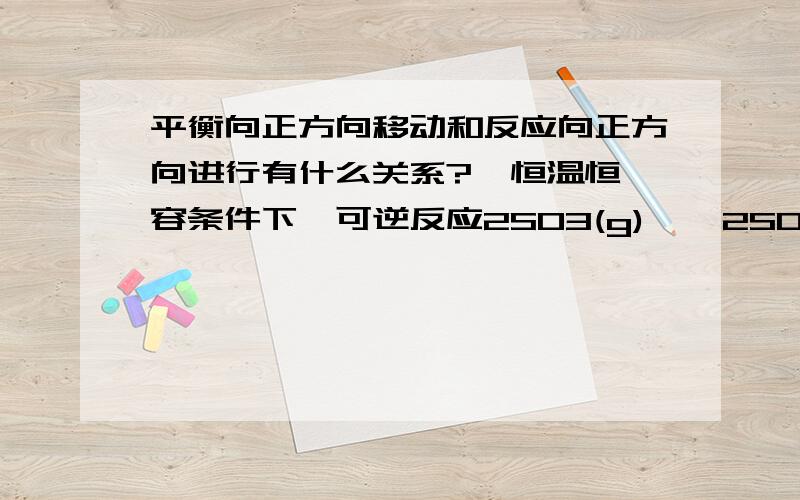 平衡向正方向移动和反应向正方向进行有什么关系?  恒温恒容条件下,可逆反应2SO3(g)    2SO2(g)+O2(g) 达到平衡后,再充入一定量的SO3气体,反应向哪个方向进行?平衡向哪个方向移动?