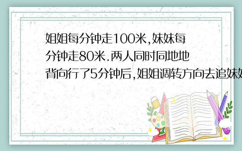 姐姐每分钟走100米,妹妹每分钟走80米.两人同时同地地背向行了5分钟后,姐姐调转方向去追妹妹.追上妹妹时,姐姐一共行了多少米?