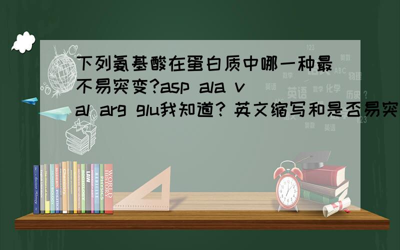 下列氨基酸在蛋白质中哪一种最不易突变?asp ala val arg glu我知道？英文缩写和是否易突变有关系么？