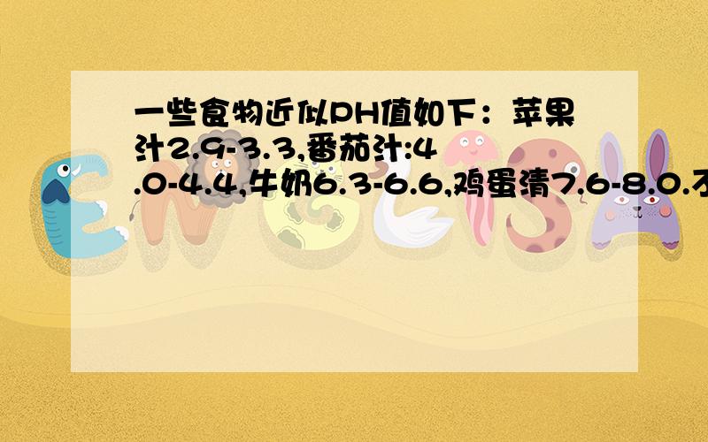 一些食物近似PH值如下：苹果汁2.9-3.3,番茄汁:4.0-4.4,牛奶6.3-6.6,鸡蛋清7.6-8.0.不正确的是：1.鸡蛋清为碱性食物 2.番茄汁是酸性食物 3.牛奶的酸性大于苹果汁的酸性