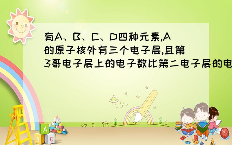 有A、B、C、D四种元素,A的原子核外有三个电子层,且第3哥电子层上的电子数比第二电子层的电子数少1;B元素的某氧化物分子组成BO3,其中B元素与氧元素的质量比为2：3,且B原子核内质子数与中