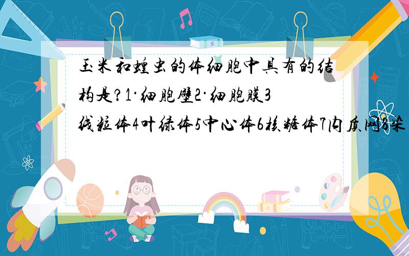 玉米和蝗虫的体细胞中具有的结构是?1·细胞壁2·细胞膜3线粒体4叶绿体5中心体6核糖体7内质网8染色体