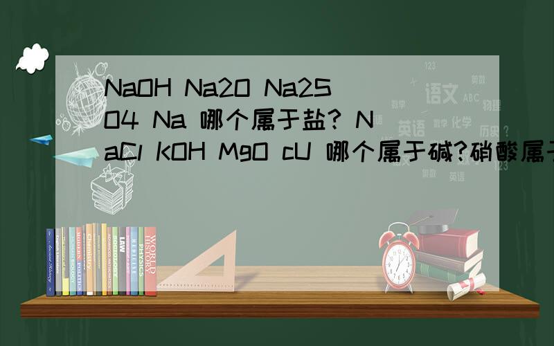 NaOH Na2O Na2SO4 Na 哪个属于盐? NaCl KOH MgO cU 哪个属于碱?硝酸属于酸,NaOH   Na2O  Na2SO4  Na 中只有硫酸钠是盐,NaCl  KOH  MgO  Cu  中只有氢氧化钾是碱         你回答我的,可是我化学白痴耶,硝酸钠指的是?