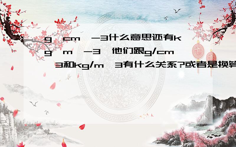 g×cm^-3什么意思还有kg×m^-3,他们跟g/cm^3和kg/m^3有什么关系?或者是换算进率是多少?为什么要写成g×cm^-3而不写成g/cm^3呢？