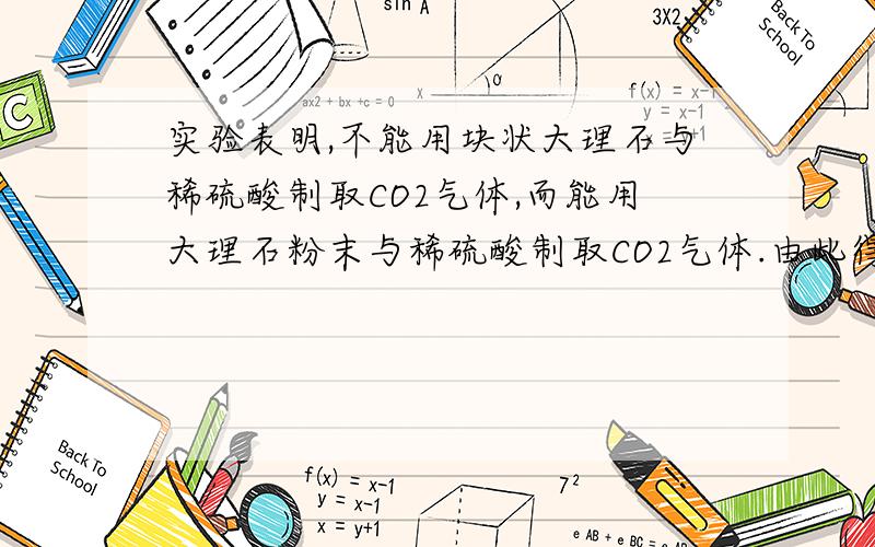 实验表明,不能用块状大理石与稀硫酸制取CO2气体,而能用大理石粉末与稀硫酸制取CO2气体.由此得出的合理结论是（）.(A)物质之间是否发生反应,与反应物的形状有关(B)反应物之间接触面积越