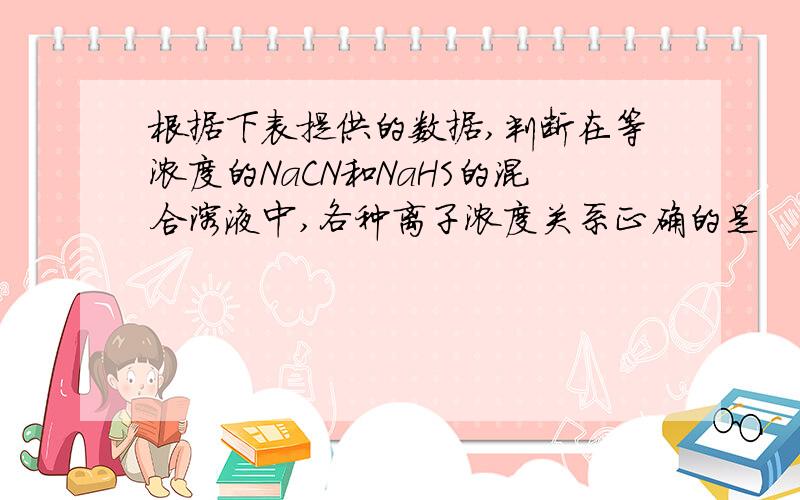 根据下表提供的数据,判断在等浓度的NaCN和NaHS的混合溶液中,各种离子浓度关系正确的是