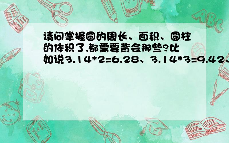 请问掌握圆的周长、面积、圆柱的体积了,都需要背会那些?比如说3.14*2=6.28、3.14*3=9.42、3.14*4=12.56.3.14*9=28.26