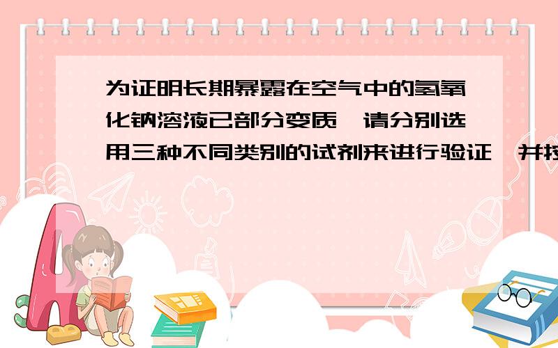 为证明长期暴露在空气中的氢氧化钠溶液已部分变质,请分别选用三种不同类别的试剂来进行验证,并按要求填