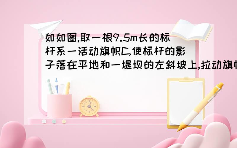 如如图,取一根9.5m长的标杆系一活动旗帜C,使标杆的影子落在平地和一堤坝的左斜坡上,拉动旗帜使其影子落如图,取一根9.5m长的标杆系一活动旗帜C,使标杆的影子落在平地和一堤坝的左斜坡上,